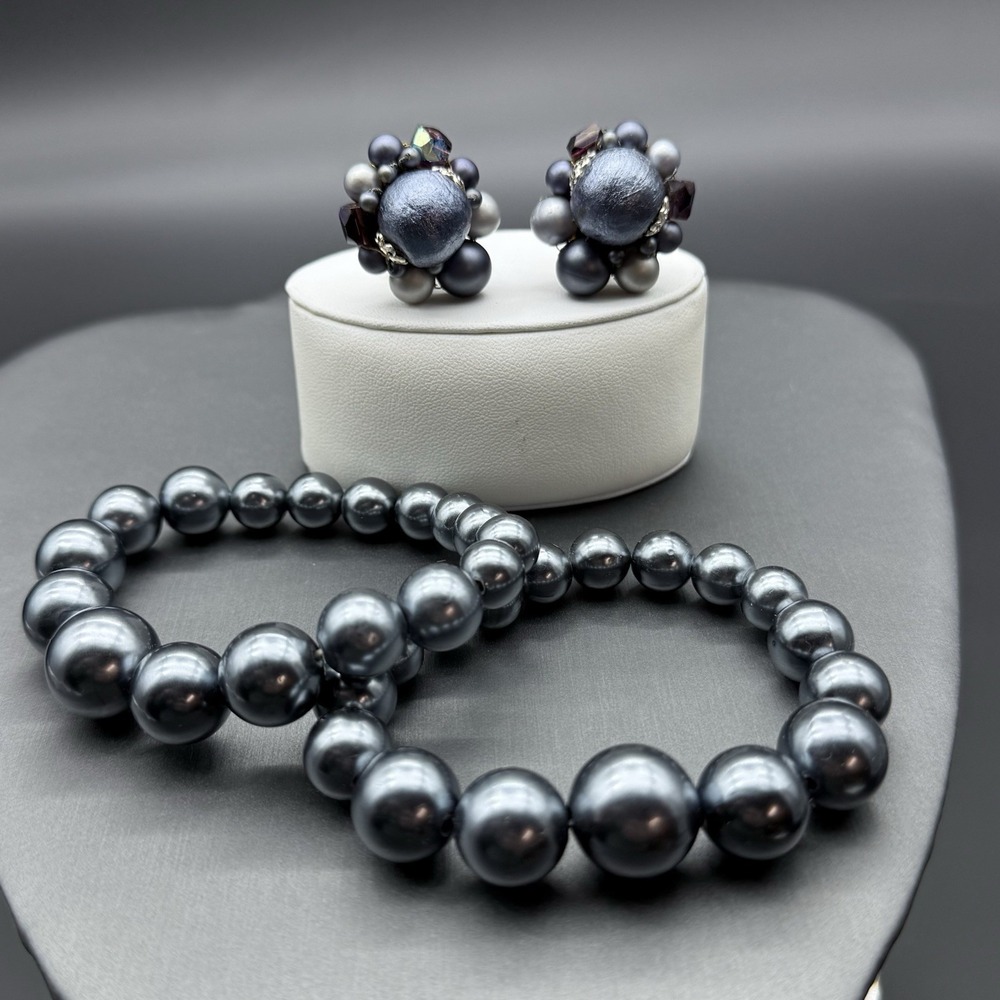 Vintage Gun Metal Gray Faux Pearl & AB Crystal Bead Clip On Earrings & Bracelets